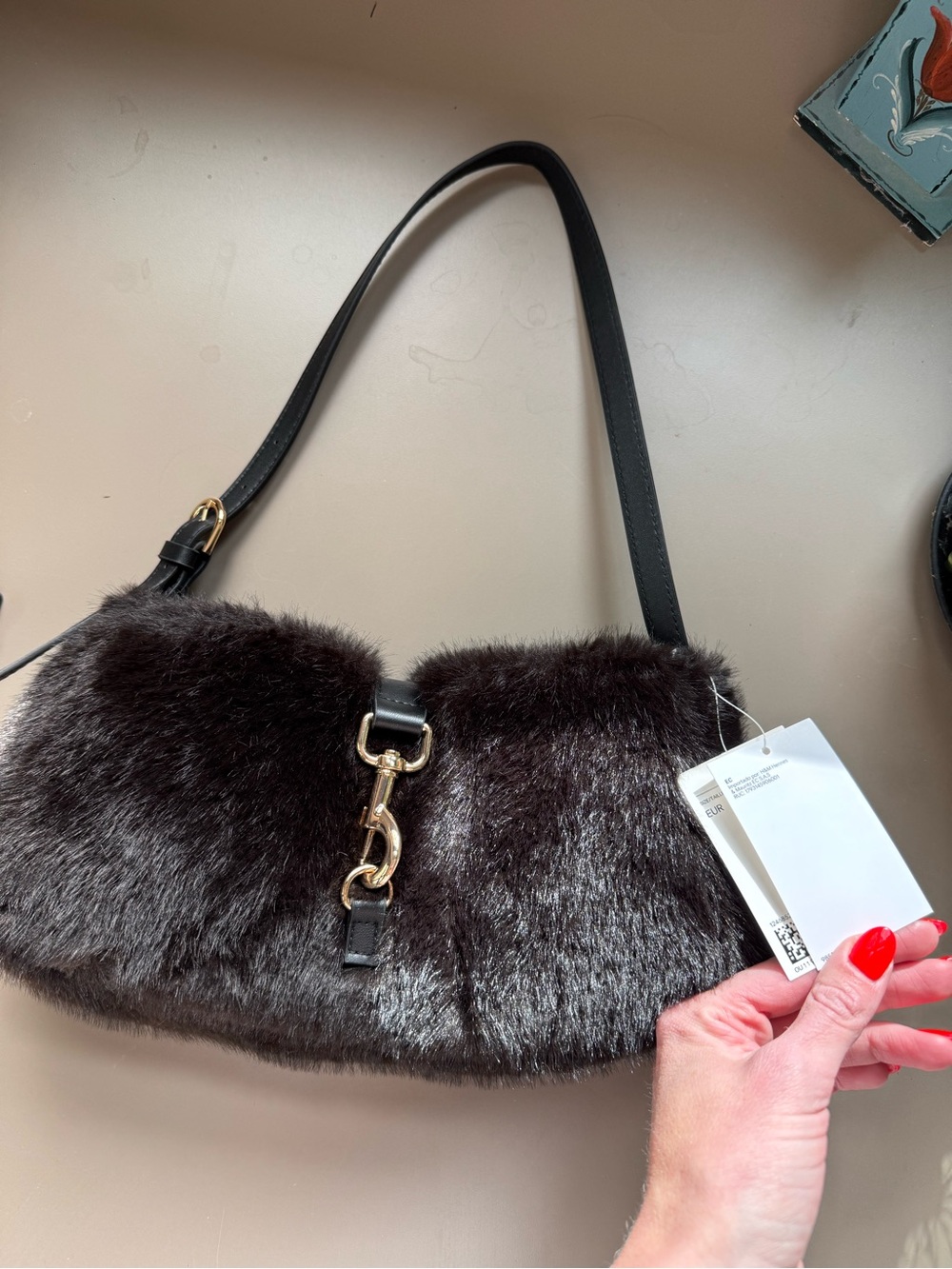 H&M Faux Fur Shoulder Bag with Gold Hardware - Black